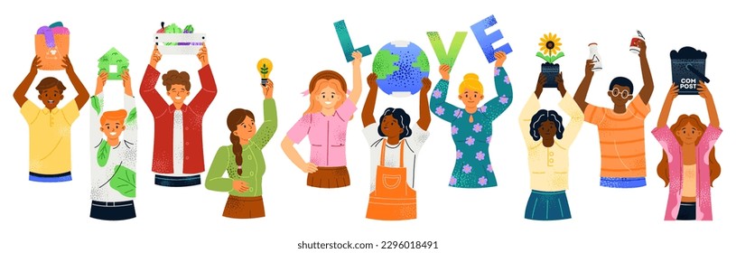 Set of Eco friendly people. Characters care about nature and environment. Recycling, renewable energy, zero waste. Sustainable lifestyle. Cartoon flat vector collection isolated on white background