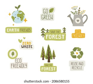 Conjunto de stickers ecológicos. Colección de insignias ecológicas. Conjunto de cuidado de la tierra del planeta, reciclado, basura cero.