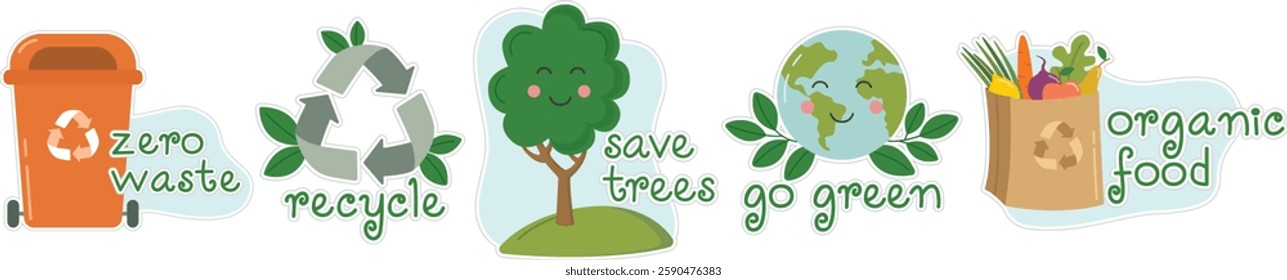 Set of eco friendly stickers with colorful elements and inscriptions. Cute concept of waste sorting, recycling, organic food and care about Earth