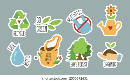 Set of Eco Friendly Stickers. Ecology Badges with Slogans - Recycle, Go Green, No Plastic, Save Water, Zero Waste, Save Forest, Organic. Vector Illustration.