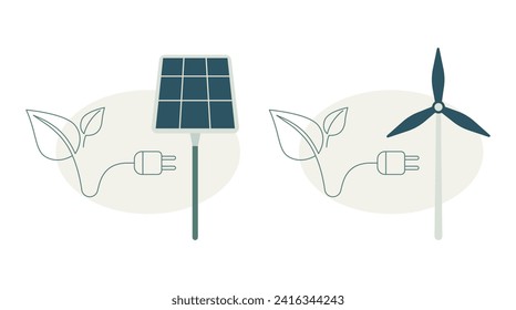 Set of eco friendly and sustainable development, Ecological concept, Conservation of nature and the environment on earth. Wind turbines, Power plug and solar panels. Vector illustration design.