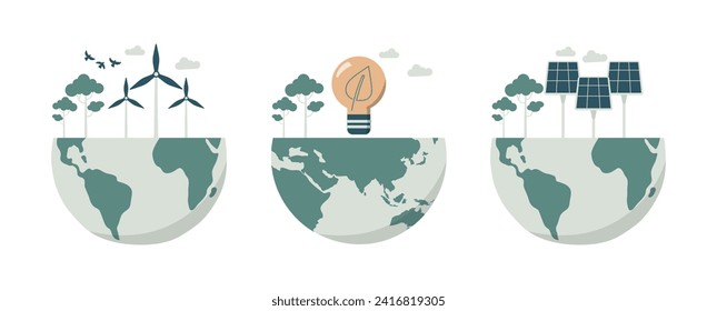 Set of eco friendly and sustainable development, Ecological concept, Conservation of nature and the environment on earth. Wind turbines, light bulbs and solar panels on the globe. Vector design.
