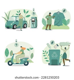 Set of Eco friendly sustainable, Electric car charging station, Women use fabrics made from natural cotton, Woman riding electric motorcycles,
 Waste recycling project, Vector design illustration.