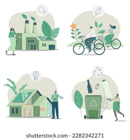 Set of Eco friendly sustainable, Environmental conservation factory, people choose riding bicycles, Modern ecology house and solar panels,
 Waste recycling project, Vector design illustration.