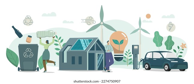 Set of Eco friendly sustainable, Waste recycling project, Modern ecology house and solar panels, Electric car charging station,
Renewable energy sources concept, Vector design illustration.