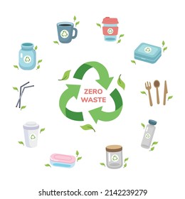 Set of eco friendly tableware items - glass jar, reusable coffee cup, wooden cutlery, lunch box. Zero waste concept. Vector illustration in cartoon style