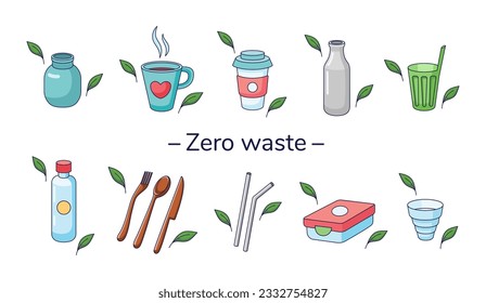 Set of eco friendly tableware items - glass jar, reusable coffee cup, wooden cutlery, lunch box, metal drinking straws, folding cup. Zero waste concept. Vector illustration in cartoon style