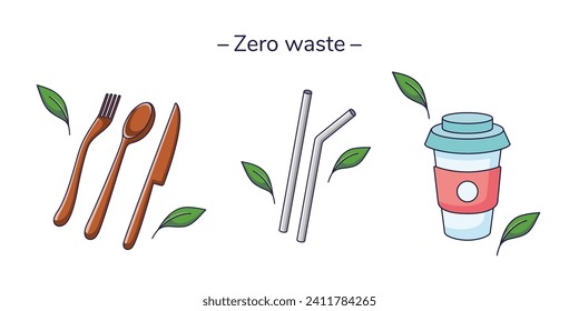 Set of eco friendly tableware items - reusable wooden cutlery, reusable coffee cup, metal drinking straw. Zero waste concept. Vector illustration in cartoon style