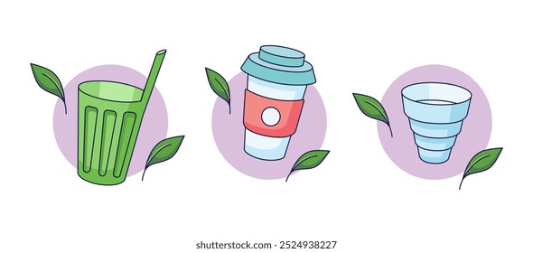 Set of eco friendly tableware items, cups. Zero waste concept. Vector illustration in cartoon style