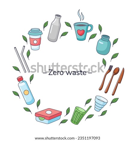 Set of eco friendly tableware items. Zero waste concept. Cartoon, line art style. Decorative round frame with line art eco friendly tableware items. Vector outline illustration in Doodle style.