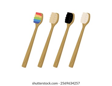 Set of eco friendly toothbrushes made out of bamboo of different colors. No plastic concept. Vector illustration.