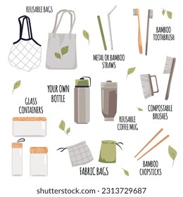 Set of eco friendly various products flat style, vector illustration isolated on white background. Zero waste lifestyle, reusable bags and coffee mugs, bamboo toothbrushes, straws and chopsticks