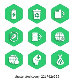 Set Eco fuel barrel, Head and electric symbol, Garbage bag with recycle, Earth globe leaf, planet in water drop, Shield, canister and Battery icon. Vector