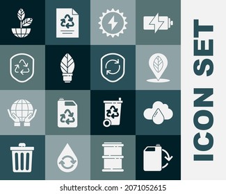 Set Eco fuel canister, Cloud with rain, Location leaf, Solar energy panel, Light bulb, Recycle symbol inside shield, Earth globe and plant and  icon. Vector