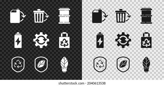 Set Eco fuel canister, Recycle bin with recycle, Barrel, symbol inside shield, Shield leaf, Light bulb, Battery and Gear and arrows as workflow icon. Vector