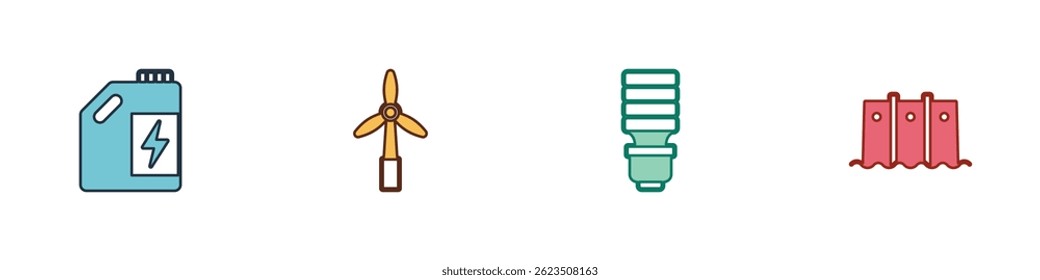 Set Eco fuel canister, Wind turbine, LED light bulb and Hydroelectric dam icon. Vector