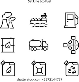 Set Eco fuel icon on white background, Alcohol or spirit burner, Oil drop with recycle, Tanker truck, Oilfield, tanker ship, Gas filling station and petrol test tube icon.