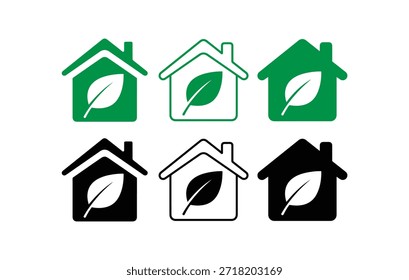 Conjunto de iconos de vectores de casa verde eco. Concepto de casa verde. Colección de iconos de logotipo de casa de ecología. Hogar y Vector de hojas