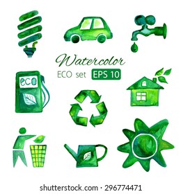 Set of eco green watercolor vector icons