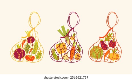 Set eco hand made bag or reusable bag full of vegetables from local market. Agriculture produce, harvest. Ripe fresh organic food- tomatoes, cucumbers, broccoli, carrots, onions and other ingredients