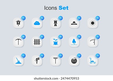 Set Eco healthy food, Garden fence wooden, Cloudy weather, Shovel in ground, Lawn mower, Scythe, Bird house and Plant pot icon. Vector