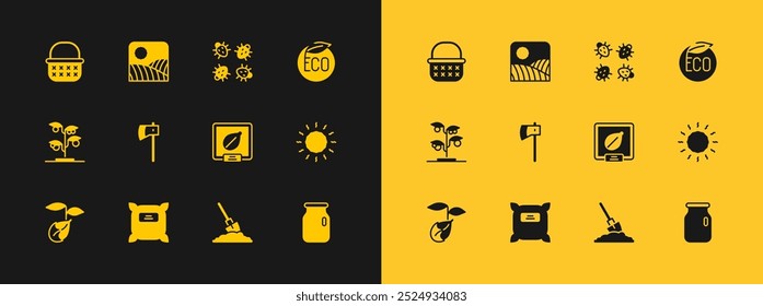 Set Eco healthy food, Pack full of seeds, Seeds specific plant, Shovel in the ground, Wooden axe, Colorado beetle, Wicker basket and Agriculture wheat field farm icon. Vector