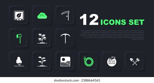 Set Eco healthy food, Shovel and rake, Sprout, Garden hose, Wooden axe, Cloudy weather and Agriculture wheat field farm icon. Vector