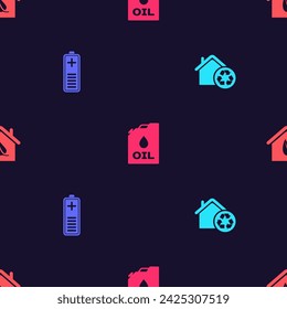 Set Eco House with recycling, Battery charge level indicator, Canister machine oil and friendly house on seamless pattern. Vector