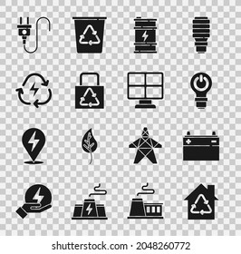 Set Eco House with recycling, Car battery, Light bulb lightning, Bio fuel barrel, Paper bag recycle, Battery, Electric plug and Solar energy panel icon. Vector