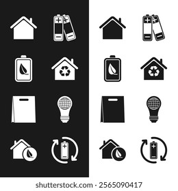 Set Eco House with recycling, nature leaf and battery, Battery, Shopping bag, Light bulb world globe, recycle and friendly house icon. Vector