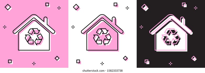 Set Eco House with recycling symbol icon isolated on pink and white, black background. Ecology home with recycle arrows.  Vector Illustration