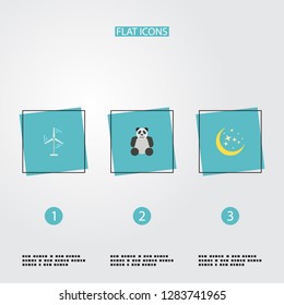 Set of eco icons flat style symbols with moonlight, energy windmill, panda icons for your web mobile app logo design.