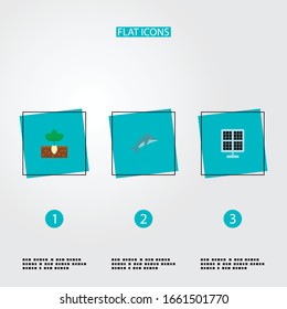 Set of eco icons flat style symbols with solar panel, plant, dolphin and other icons for your web mobile app logo design.