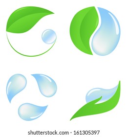 Set of eco icons with green leaves and pure water