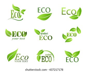 set of eco icons with leaves on an isolated background