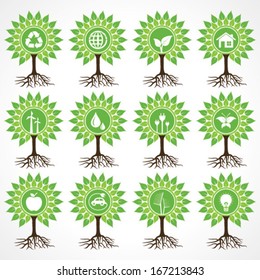 Set of eco icons on tree stock vector