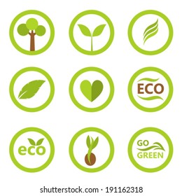 Set of eco icons and symbols with leaves and plants. Vector illustration