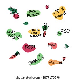 Conjunto de iconos ecológicos con verduras. Concepto de alimentos orgánicos, ecológicos, vegetales y productos naturales, mercado local de alimentos, productos agrícolas, vida sin gluten y saludable. Ilustración del vector dibujada a mano 