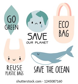 Set of Eco illustration elements and handwritten letters. No plastic, save the ocean, eco bag, reuse plastic bag, go green. Zero waste life slogan, typography. Vector illustration.