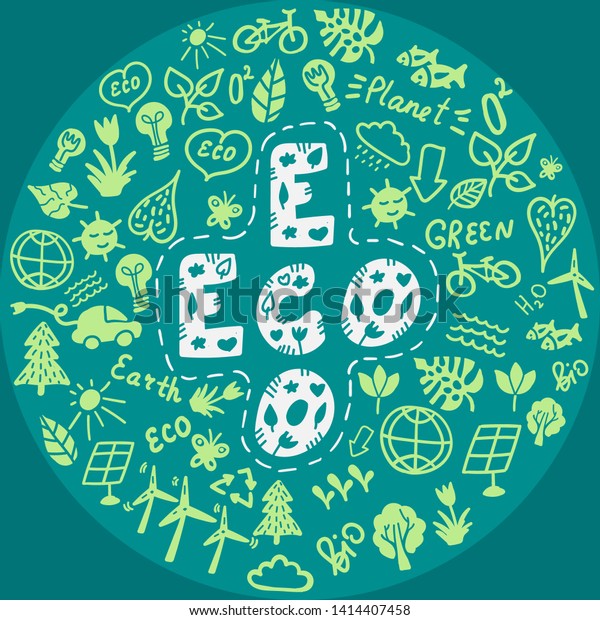 Set of Eco illustration
elements and handwritten letters on ecologycal theme (recycle,
solar panels, bicycle, electric car, H2O) . Cute green doodle
elements in circle.