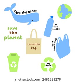 Set of eco illustration elements. recycle, use less plastic, whale, earth, recycling bin, save the planet. Vector illustration