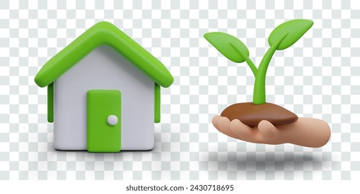 Conjunto de ilustraciones ecológicas en estilo 3D. Casa con techo verde, suelo de mano con semillas germinadas