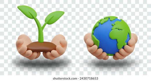 Set of eco illustrations in cartoon style. Hands hold plant, Earth in human palms