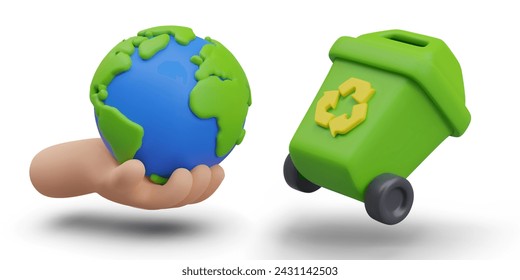 Set of eco illustrations in plasticine style. Hand holding Earth, green closed trash can