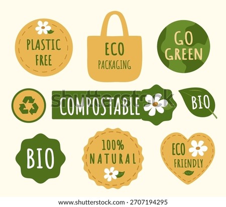 Set of eco labels in flat style for bio products, compostable packaging, plastic free goods. Green stickers with flowers, leaf, recycle symbol, go green and natural slogans for sustainable organic.