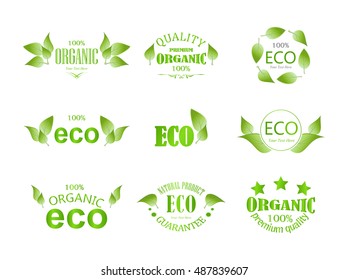 set of eco labels with leaves on a white background.