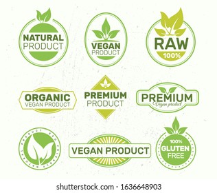 Set of eco labels , organic, fresh, healthy, 100 percent, premium and natural food, Vegan. Badges, tags, packaging. Vector