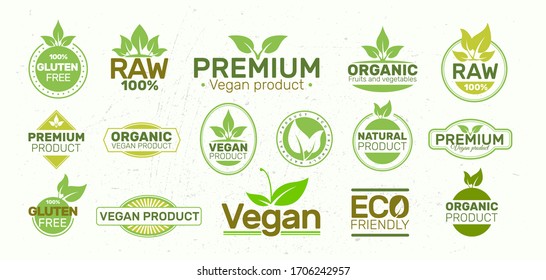 Set of eco labels , organic, fresh, healthy, 100 percent, premium and natural food, Vegan. Badges, tags, packaging. Vector logo