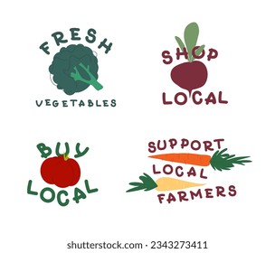 Set of eco labels with vegetables and text. Flat vector illustration of broccoli, beetroot, tomato and carrots. Fresh vegetables, shop and buy local and support local farmers. Fresh farm products 