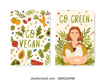 Set of eco lifestyle card template with motivational phrases vector flat illustration. Vegetarian poster decorated by greens and herbs with place for text isolated. Go vegan and go green lettering